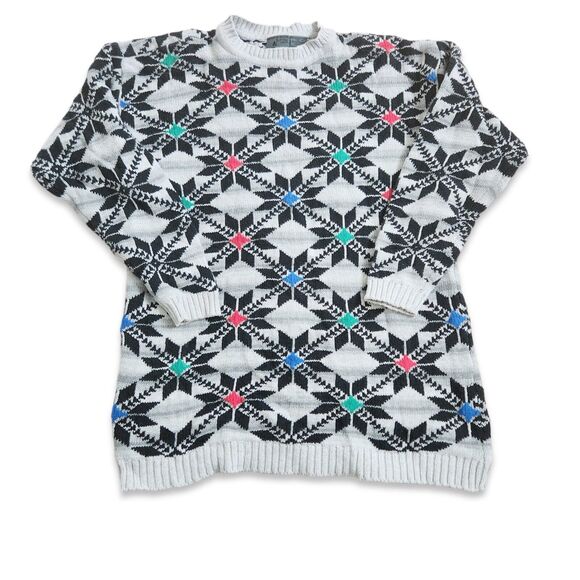 Liz Claiborne black snowflake all over print women's cotton long ski sweater L - Picture 1 of 8